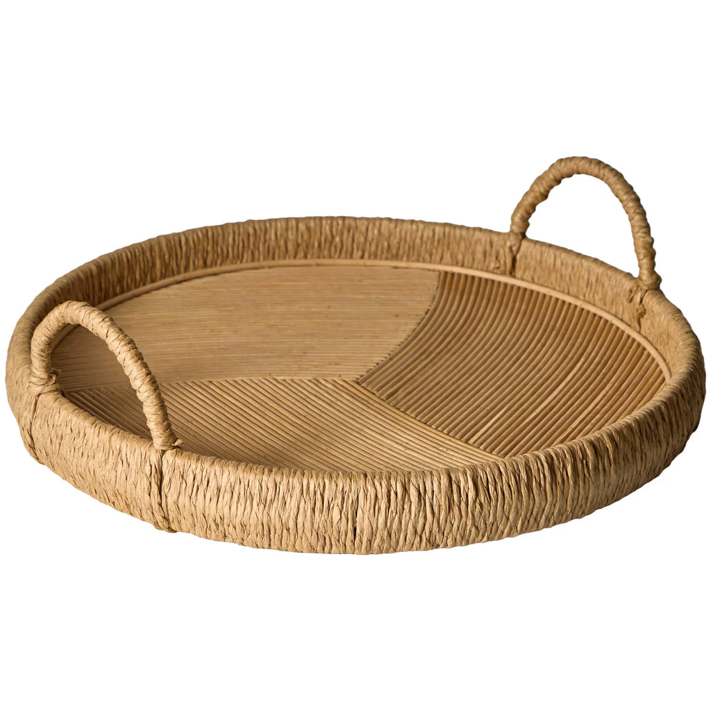 Natural Handwoven Rattan Serving Tray – Round Woven Basket with Handles for Home Decor