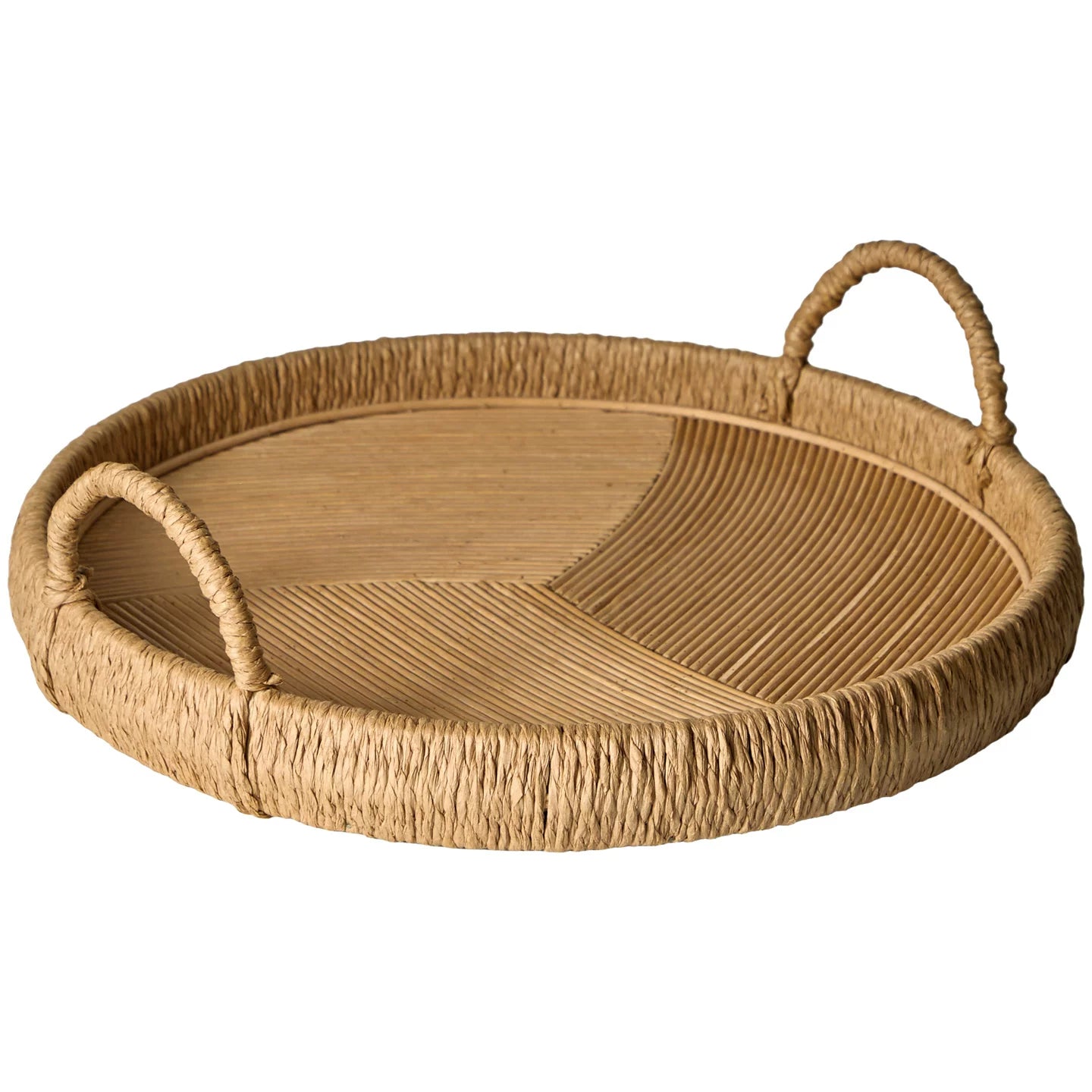 Natural Handwoven Rattan Serving Tray – Round Woven Basket with Handles for Home Decor
