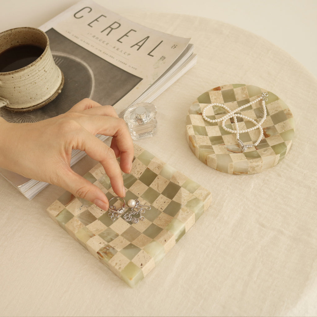 Handcrafted Checkerboard Stone Tray – Natural Travertine & Marble Mosaic Decor Object