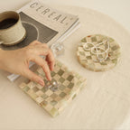 Handcrafted Checkerboard Stone Tray – Natural Travertine & Marble Mosaic Decor Object