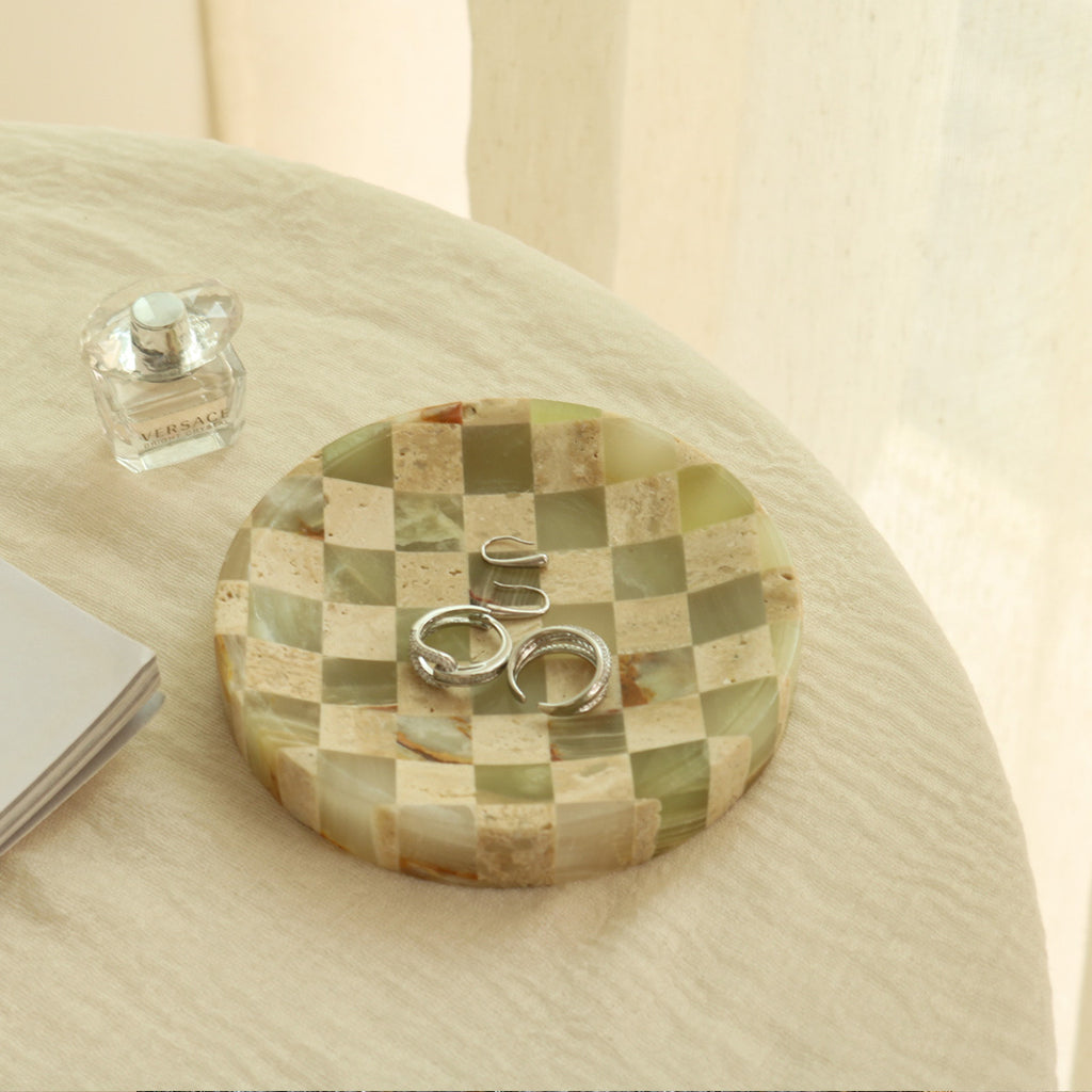 Handcrafted Checkerboard Stone Tray – Natural Travertine & Marble Mosaic Decor Object