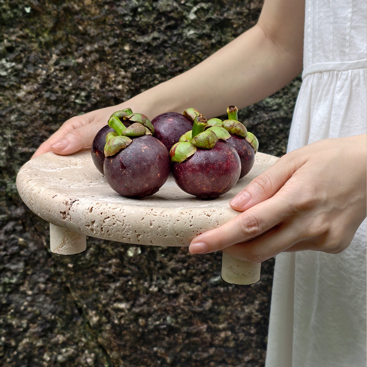 Handcrafted Travertine Stone Pedestal Tray – Minimal Organic Display Stand for Modern Interiors