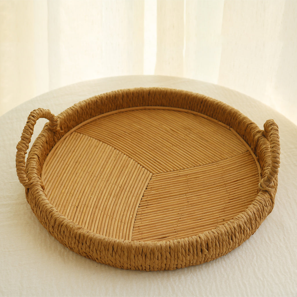 Natural Handwoven Rattan Serving Tray – Round Woven Basket with Handles for Home Decor
