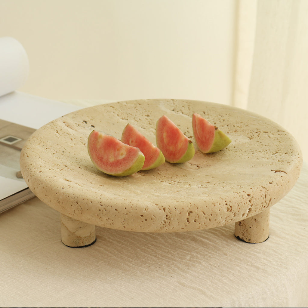 Handcrafted Travertine Stone Pedestal Tray – Minimal Organic Display Stand for Modern Interiors