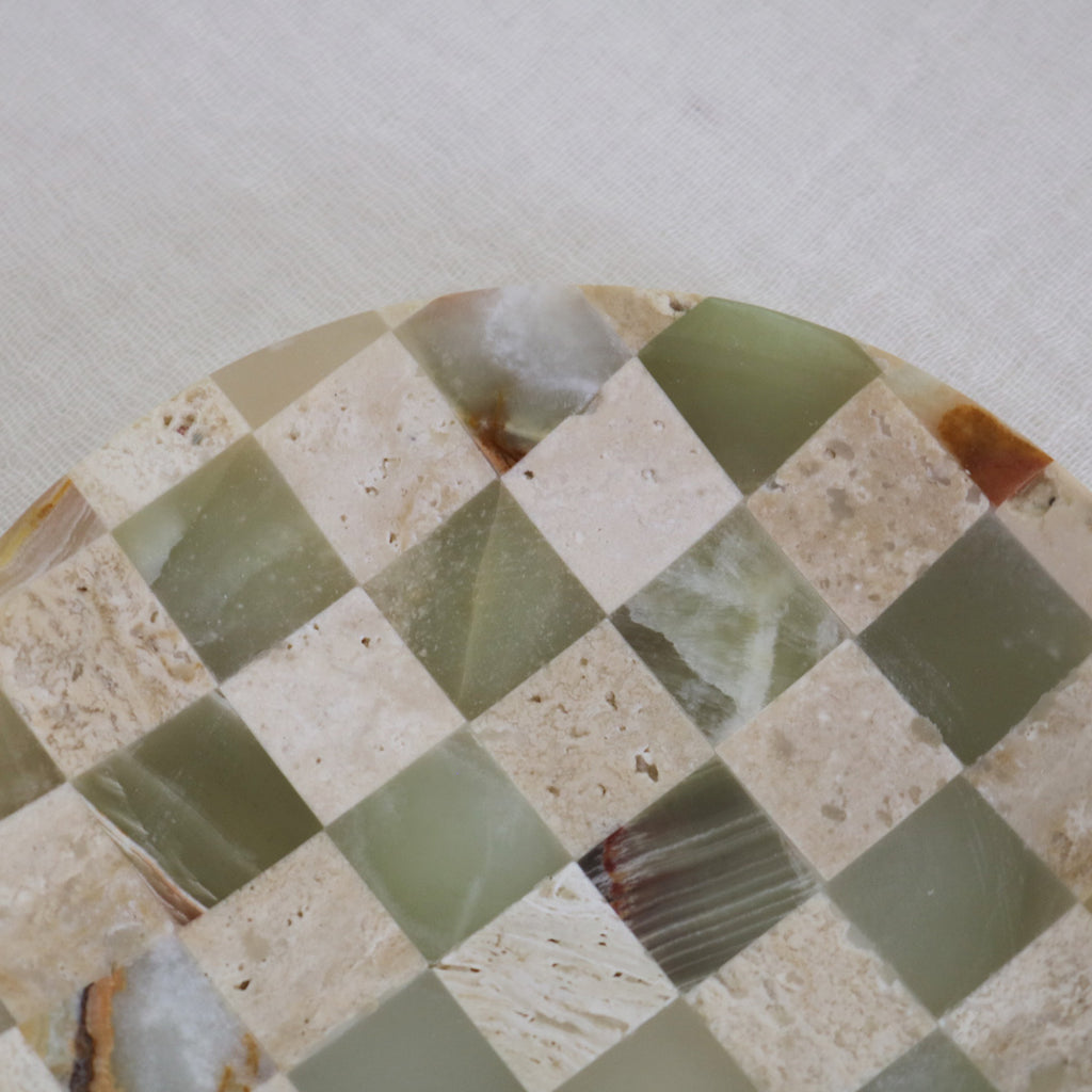 Handcrafted Checkerboard Stone Tray – Natural Travertine & Marble Mosaic Decor Object