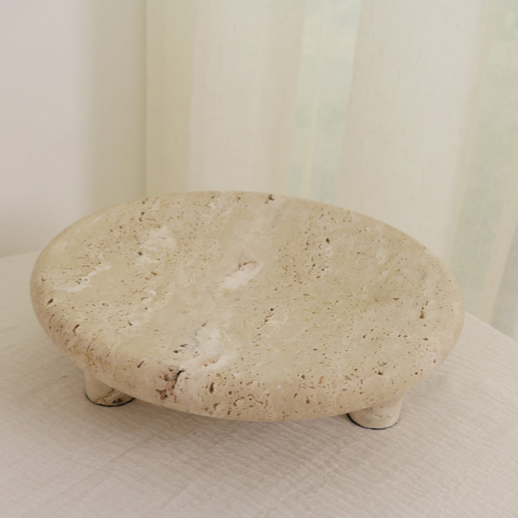 Handcrafted Travertine Stone Pedestal Tray – Minimal Organic Display Stand for Modern Interiors