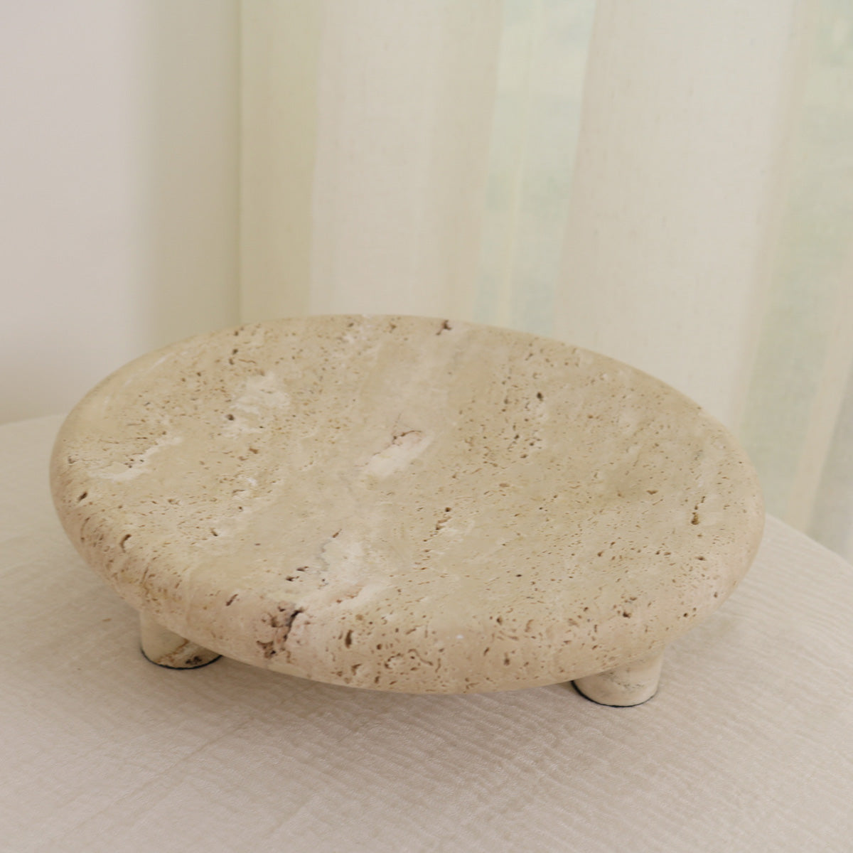 Handcrafted Travertine Stone Pedestal Tray – Minimal Organic Display Stand for Modern Interiors