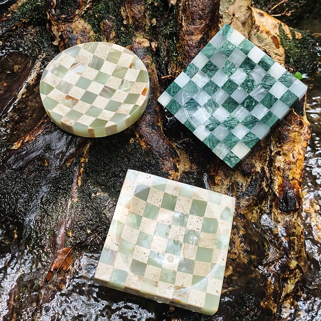 Handcrafted Checkerboard Stone Tray – Natural Travertine & Marble Mosaic Decor Object