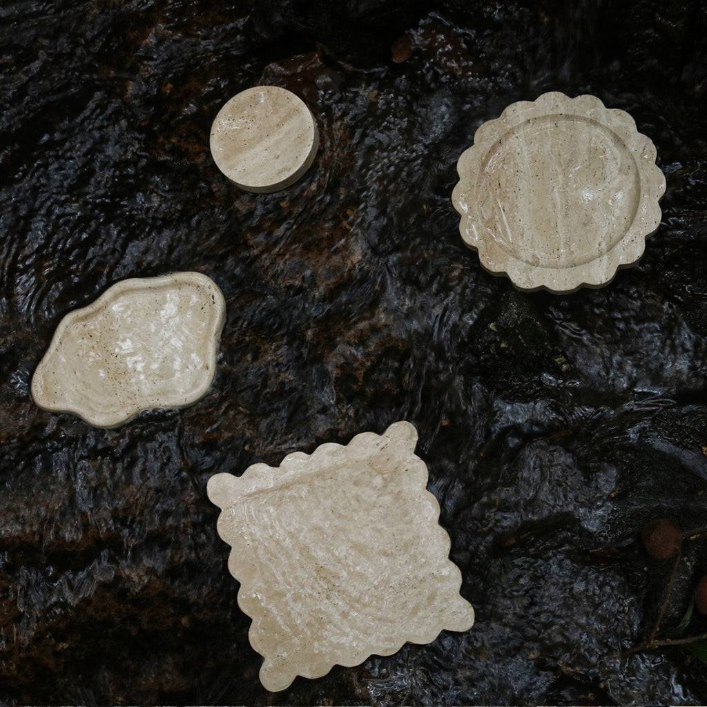 Handcrafted Travertine Scalloped Tray – 20cm Natural Stone Square Plate for Home Decor