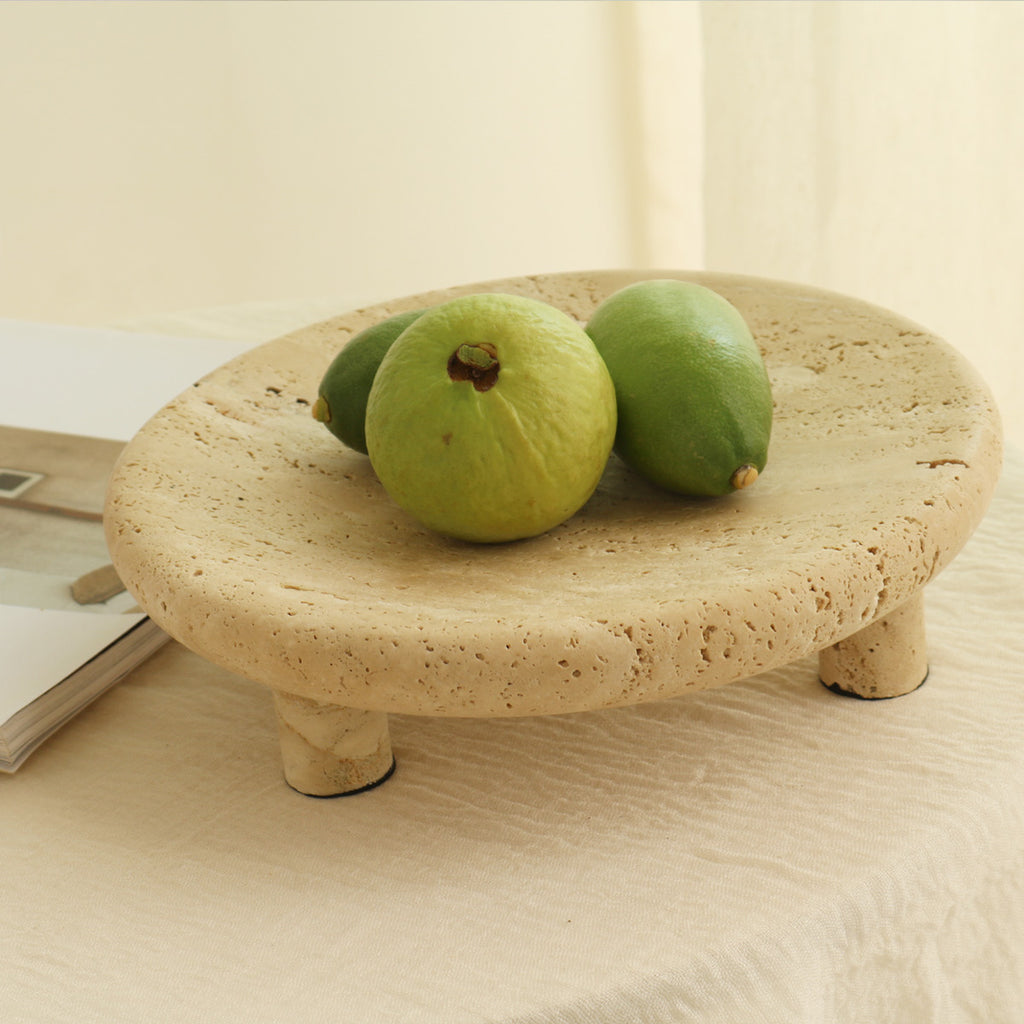 Handcrafted Travertine Stone Pedestal Tray – Minimal Organic Display Stand for Modern Interiors