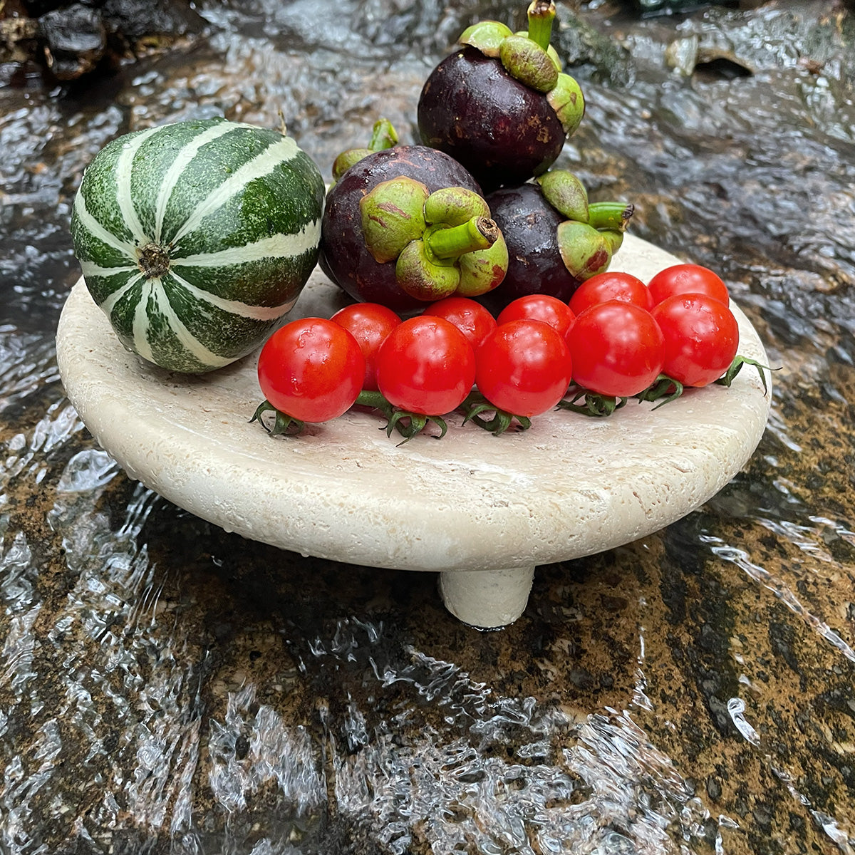 Handcrafted Travertine Stone Pedestal Tray – Minimal Organic Display Stand for Modern Interiors