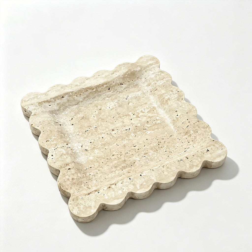 Handcrafted Travertine Scalloped Tray – 20cm Natural Stone Square Plate for Home Decor
