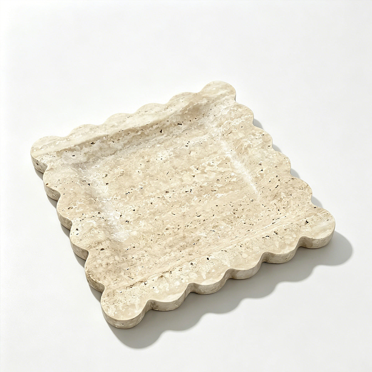 Handcrafted Travertine Scalloped Tray – 20cm Natural Stone Square Plate for Home Decor