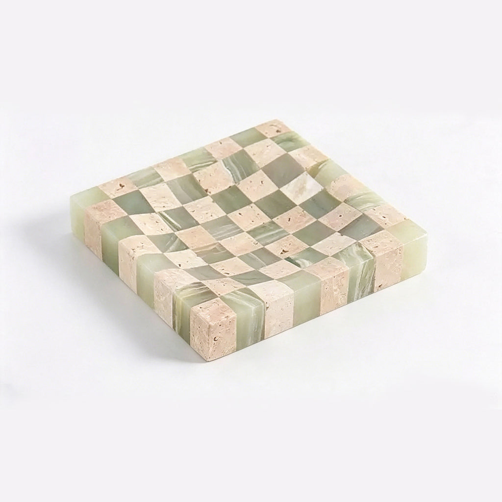 Handcrafted Checkerboard Stone Tray – Natural Travertine & Marble Mosaic Decor Object