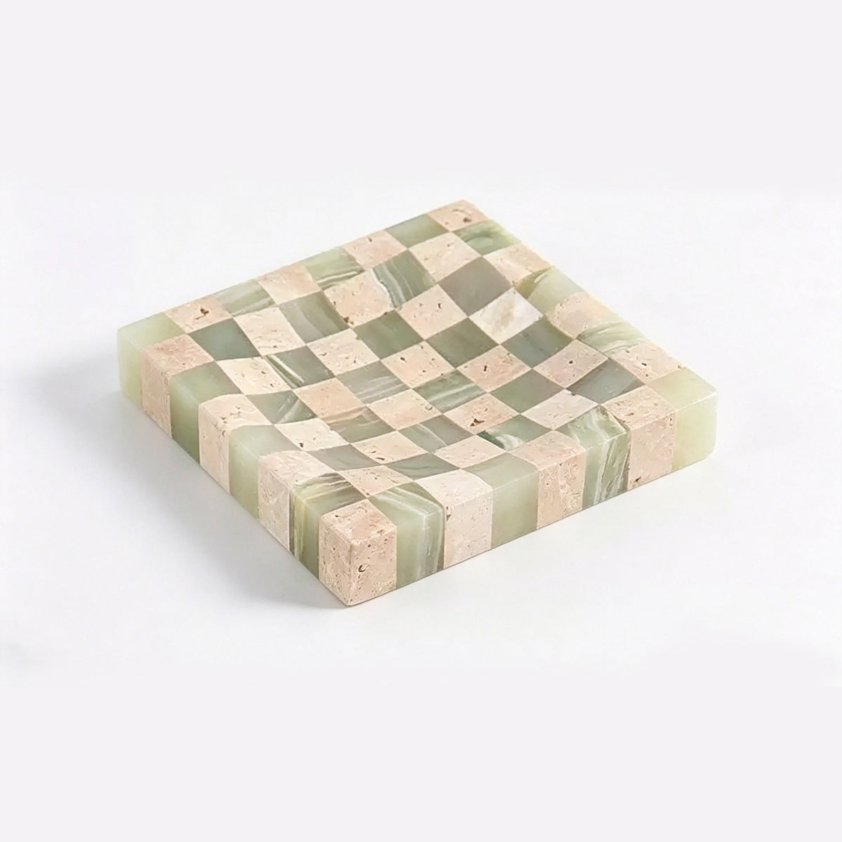 Handcrafted Checkerboard Stone Tray – Natural Travertine & Marble Mosaic Decor Object