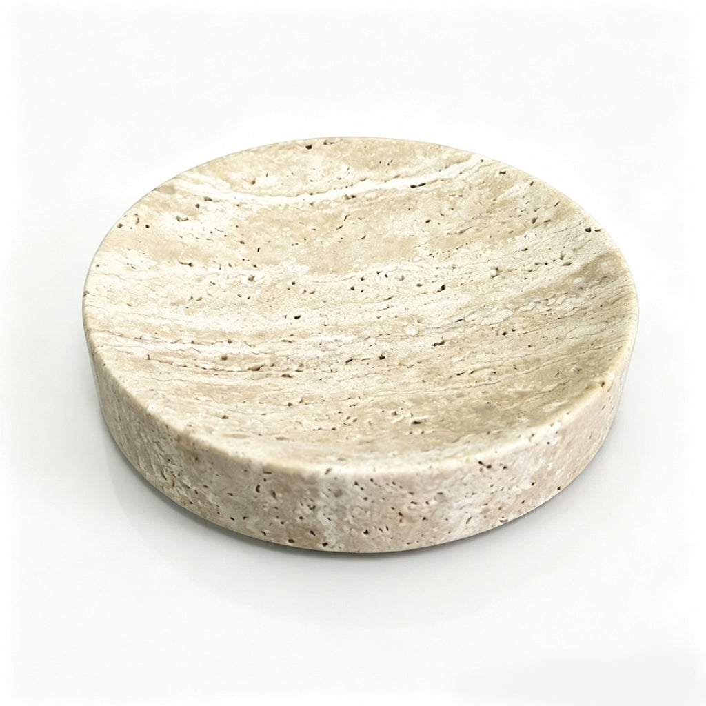 Natural Travertine Round Soap Dish – Minimal Stone Bathroom Tray (10cm)