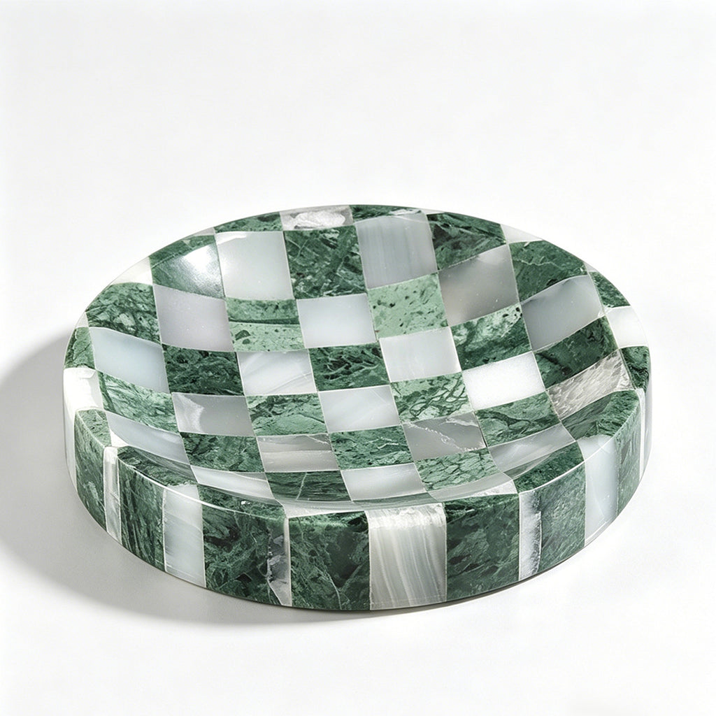 Handcrafted Checkerboard Stone Tray – Natural Travertine & Marble Mosaic Decor Object