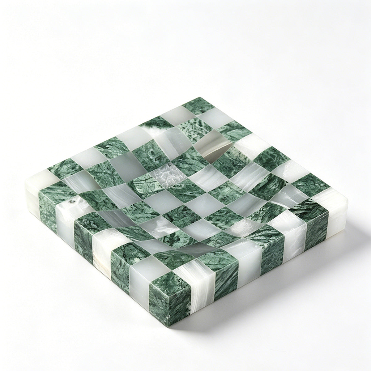 Handcrafted Checkerboard Stone Tray – Natural Travertine & Marble Mosaic Decor Object