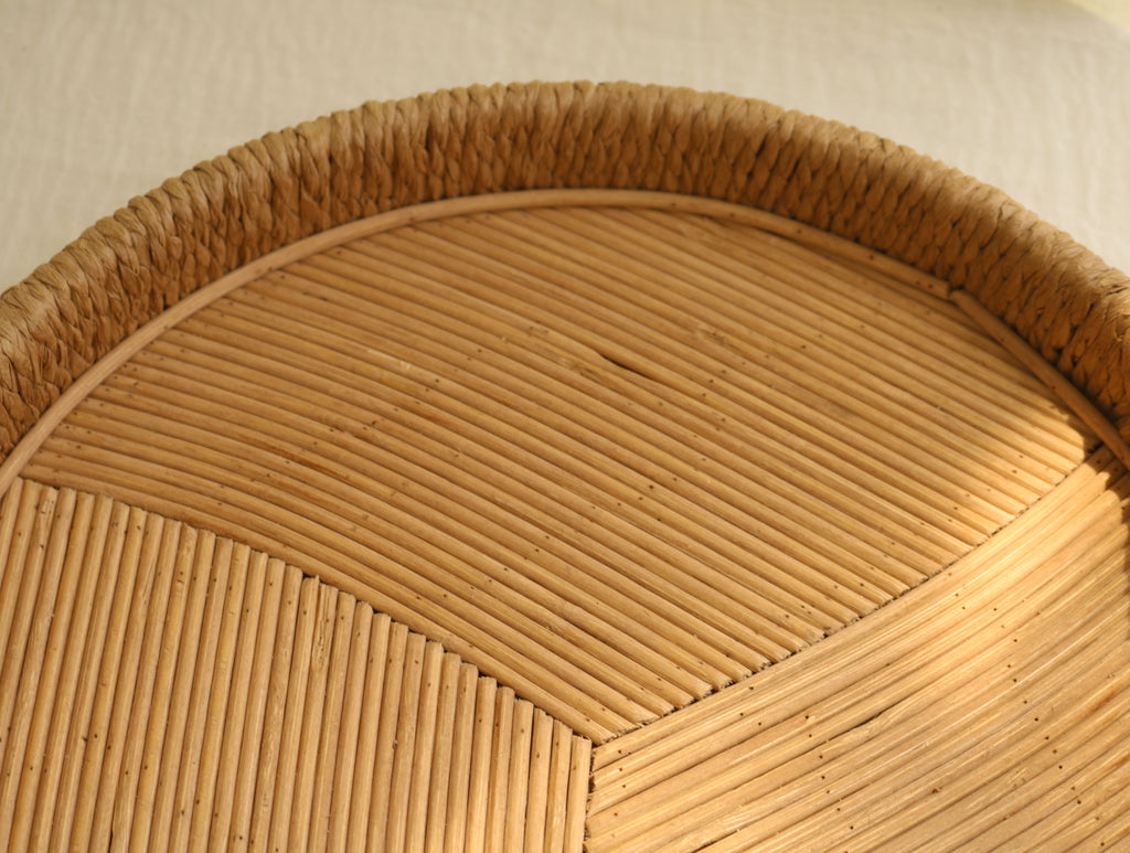 Natural Handwoven Rattan Serving Tray – Round Woven Basket with Handles for Home Decor