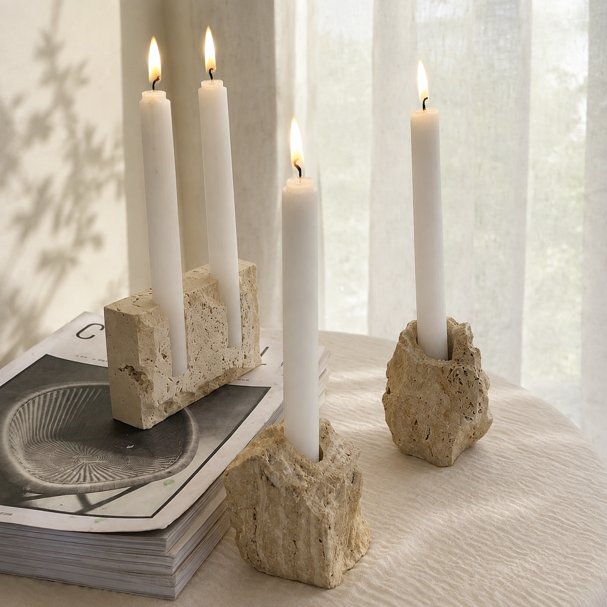 Raw Sculptural Travertine Candle Holder